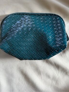 Nordstrom Woven Teal Faux Leather Zipper Cosmetic Pouch